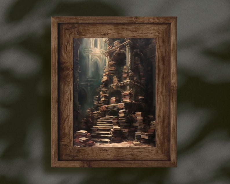 May include: A framed painting of a large pile of books stacked in a tower, resembling a building. The books are mostly brown and red, with some white pages visible. The painting is set in a dark, mysterious room with a light source coming from above.