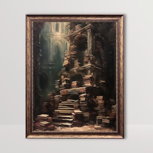 May include: A framed painting depicting a towering structure made entirely of stacked books. The books are arranged in a spiral shape, creating a staircase leading up to a vaulted ceiling. The painting is done in a dark, moody style, with a sense of mystery and intrigue.