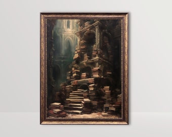 Abandoned Gothic Library | Books Vintage Oil Painting, Dark Academia Decor, Goth Wall Art Printable, Bookish Art Print, Victorian Aesthetic