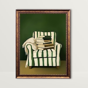 Books on Chair | Green Striped Wall Art Cozy Reading Nook Decor Book Stack Painting Trendy Bookish Academia Printable Preppy Dorm Room Print