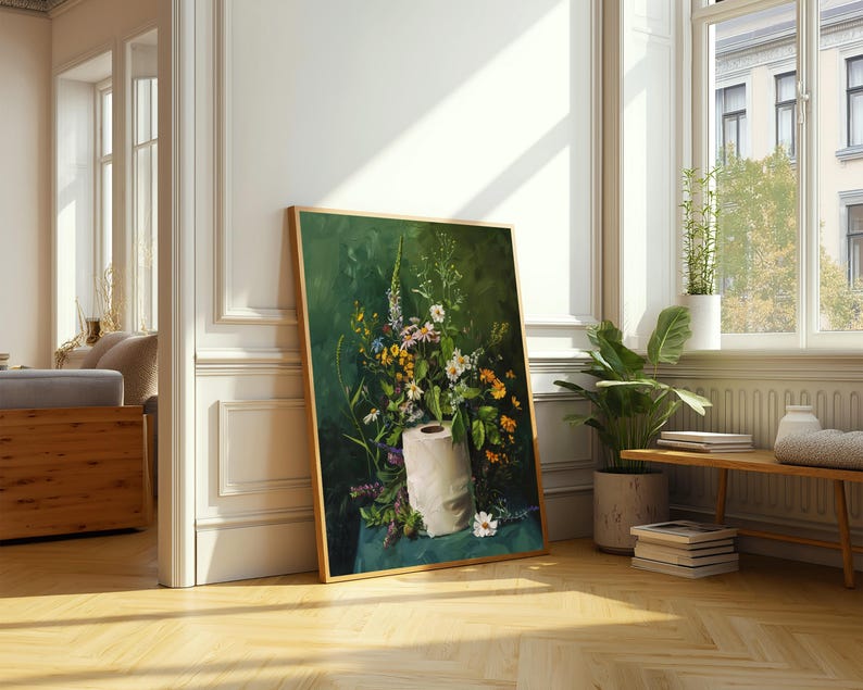 toilet paper art, bathroom wall art, bathroom wall decor, funny bathroom art, toilet wall art, bathroom wall art, botanical prints, botanical bathroom, green bathroom decor, dark bathroom decor, floral bathroom art, botanical wall art, moody wall art, cottagecore decor, dark cottagecore art, funny bathroom art, toilet painting, toilet art, moody green art, moody bathroom art, powder room art, guest bathroom art, toilet paper flowers, dark green painting, guest bath print, guest bathroom print