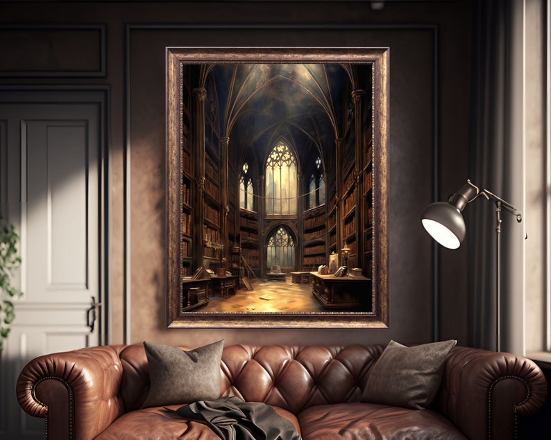 May include: A framed print of a dark, gothic library with high ceilings, arched windows, and rows of bookshelves. The room is lit by a single window, casting a warm glow on the dusty books.