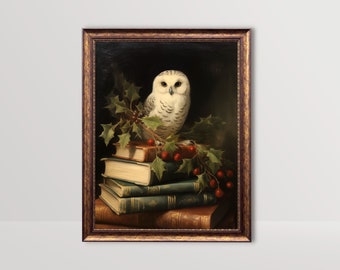 White Owl on Books | Dark Academia Wall Art, Vintage Christmas Painting, Cottagecore Holiday Decor, Booklover Winter Print, Gothic Printable