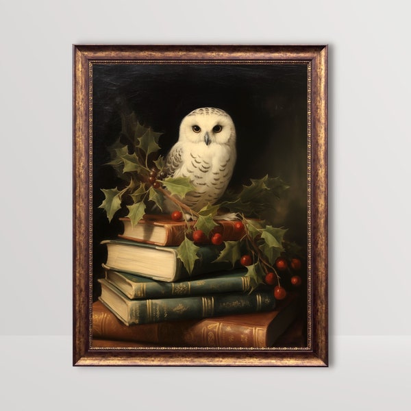 White Owl on Books | Dark Academia Wall Art, Vintage Christmas Painting, Cottagecore Holiday Decor, Booklover Winter Print, Gothic Printable