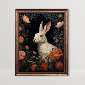 Gothic Rabbit and Flowers | Dark Cottagecore Wall Art, Goth Floral Print, Whimsigoth Decor Witchy Aesthetic Bunny Vintage Painting Printable