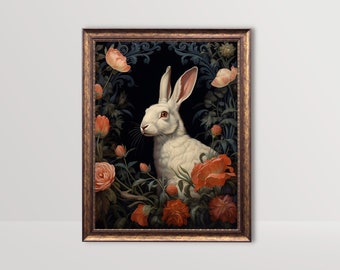 May include: A white rabbit with pink eyes sits in a lush garden of red and pink flowers. The rabbit is surrounded by green leaves and vines. The painting is framed in a gold frame.