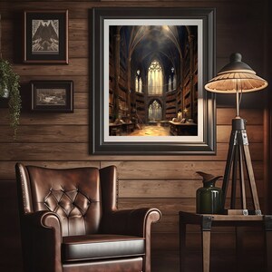 May include: A dark wood room with a leather armchair, a side table, and a floor lamp. A framed picture of a large, ornate library with high ceilings and arched windows hangs on the wall.