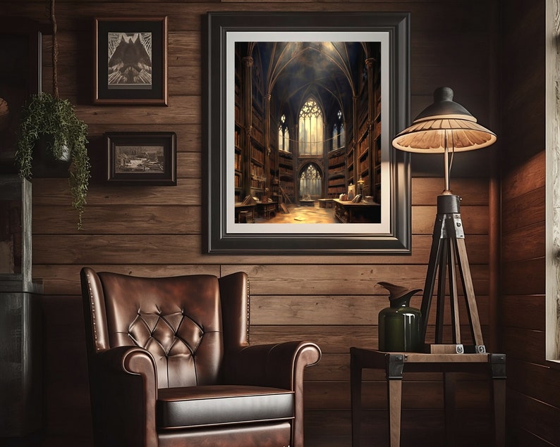 May include: A dark wood room with a leather armchair, a side table, and a floor lamp. A framed picture of a large, ornate library with high ceilings and arched windows hangs on the wall.