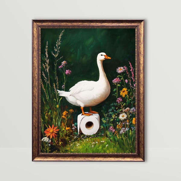 Goose and Toilet Paper | Funny Bathroom Wall Art, Toilet Paper Art, Fun Animal Poster, Dark Green Powder Room Prints Restroom Painting Print