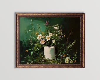 Papel higiénico / Decoración de baño verde oscuro, Arte floral para la pared del baño, Pintura vintage de rollo de papel higiénico con flores botánicas, Estampado de flores silvestres.