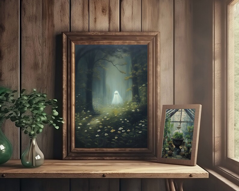 cute ghost art,spooky adorable creepy wall art,ghost painting,ghost in forest,whimsigoth art print, floral ghost dark cottagecore art,goth cottage core,gothic room decor,goth wall art, dark academia,halloween prints, sheet ghost art,ghost and flowers