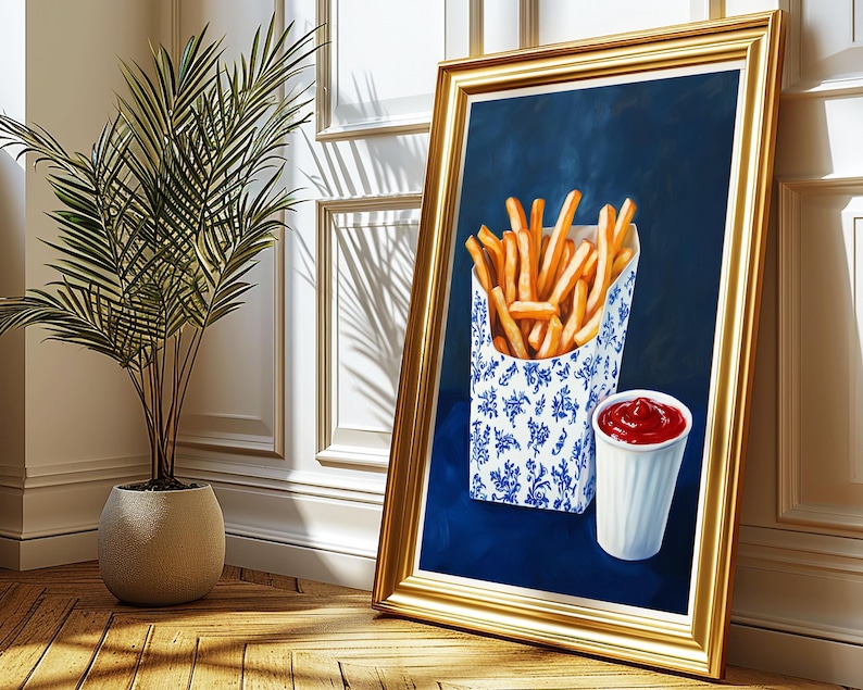 trendy blue prints,blue kitchen prints,fast food art,dorm wall decor,retro wall art,french fries art,french fries painting,funny snack prints,kitchen wall art,food wall art,funny food prints,fun kitchen art,still life wall art,still life painting,bar cart decor,moody kitchen decor,dark kitchen art,kitchen wall decor, moody kitchen print, moody kitchen art,food art print,fun kitchen art, still life prints,bar cart print,bar cart art,funny kitchen art,foodie wall art,nautical wall art