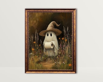 Fantôme avec du papier toilette | Art mural drôle de salle de bains, fantôme de sorcière de sorcier dans la peinture de forêt effrayante mignonne d'art d'Halloween de fleurs impression de salle d'eau
