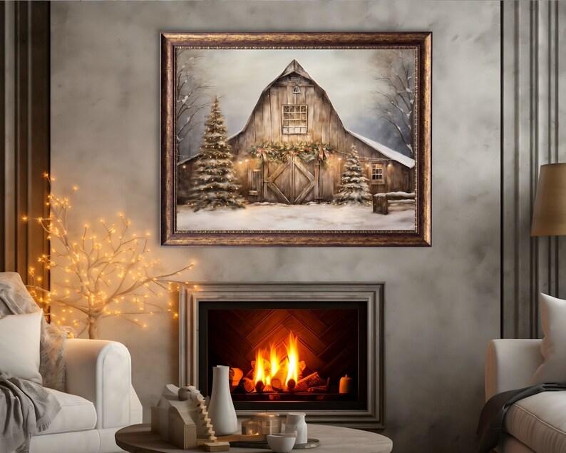 rustic barn print,winter farm scene,winter farmhouse,christmas barn decor,barn oil painting, country christmas, winte landscape art,neutral christmas wall art,vintage christmas prints,festive wall art,holiday decor,xmas printable,winter oil painting