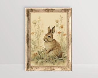 Arte della parete di coniglio / Cottagecore, pittura di animali vintage, arredamento della camera della fattoria Boho, stampa artistica del coniglietto di Pasqua, stampabile botanica del bosco