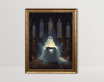 May include: A white ghost figure wearing a white sheet with eye holes sits in a dark church reading a book. The ghost is glowing with a soft light.