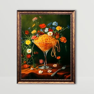 Spaghetti w szklance do Martini | Pasta Wall Art Zielony Fantazyjny Wystrój Kuchni Zabawny Martwa Natura Malarstwo Zabawne Włoskie Jedzenie Włochy Jadalnia Wydruk