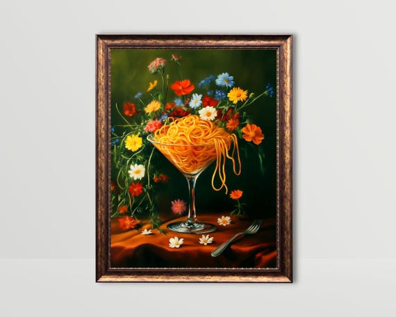 Spaghetti in Martini Glass | Pasta Wall Art Green Whimsical Kitchen Decor Funny Still Life Painting Fun Italian Food Italy Dining Room Print