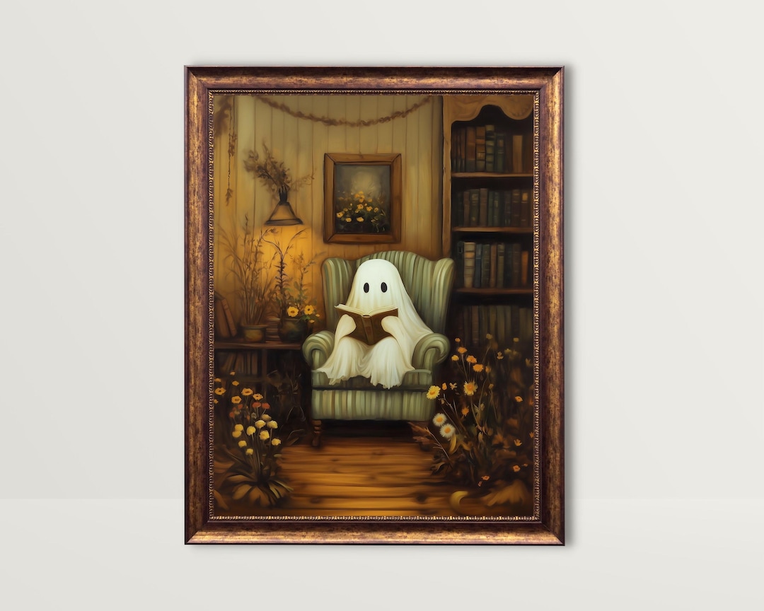 Ghost Reading Book | Bookish Wall Art, Whimsical Green Library Painting ...