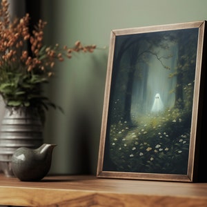 cute ghost art,spooky adorable creepy wall art,ghost painting,ghost in forest,whimsigoth art print, floral ghost dark cottagecore art,goth cottage core,gothic room decor,goth wall art, dark academia,halloween prints, sheet ghost art,ghost and flowers