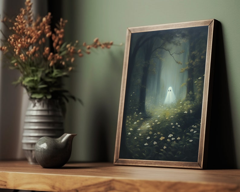 cute ghost art,spooky adorable creepy wall art,ghost painting,ghost in forest,whimsigoth art print, floral ghost dark cottagecore art,goth cottage core,gothic room decor,goth wall art, dark academia,halloween prints, sheet ghost art,ghost and flowers
