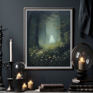 cute ghost art,spooky adorable creepy wall art,ghost painting,ghost in forest,whimsigoth art print, floral ghost dark cottagecore art,goth cottage core,gothic room decor,goth wall art, dark academia,halloween prints, sheet ghost art,ghost and flowers