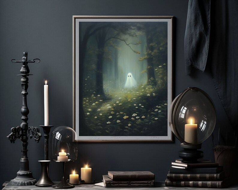 cute ghost art,spooky adorable creepy wall art,ghost painting,ghost in forest,whimsigoth art print, floral ghost dark cottagecore art,goth cottage core,gothic room decor,goth wall art, dark academia,halloween prints, sheet ghost art,ghost and flowers