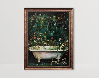 Botanical Bathtub | Floral Bath Wall Art Wildflowers Bathroom Print Cottagecore Decor Dark Green Prints Moody Plants Flower Vintage Painting