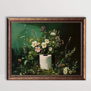 Carta igienica / Decorazione per il bagno verde scuro, Arte murale floreale per il bagno, Rotolo di carta igienica con fiori vintage, Stampa di fiori selvatici malinconici