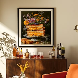 grilled cheese art,fun kitchen wall art,funny kitchen art,funny food art,bar cart art,moody kitchen art,moody food print,still life painting,kitchen flower art,cottagecore decor,fun kitchen posters,dark kitchen prints,food painting,whimsical wall art