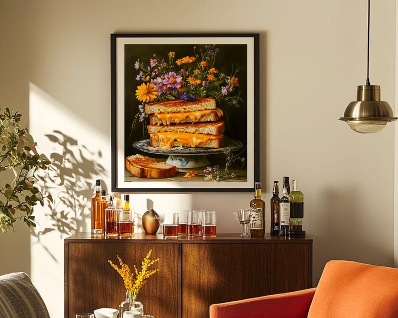 grilled cheese art,fun kitchen wall art,funny kitchen art,funny food art,bar cart art,moody kitchen art,moody food print,still life painting,kitchen flower art,cottagecore decor,fun kitchen posters,dark kitchen prints,food painting,whimsical wall art
