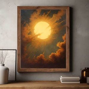 May include: A framed painting of a large, bright yellow sun shining through fluffy, golden clouds in a blue sky.