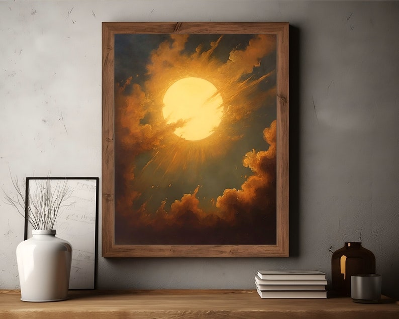May include: A framed painting of a large, bright yellow sun shining through fluffy, golden clouds in a blue sky.