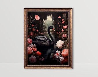 Black Swan | Dark Academia Wall Art, Victorian Gothic Decor, Moody Floral Print, Goth Cottagecore Art, Vintage Bird Printable, Pond Painting