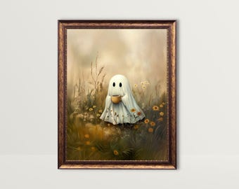 Ghost Drinking Coffee | Whimsical Kitchen Wall Art Cute Ghost in Flowers Painting Vintage Ghost Tea Academia Art Autumn Fall Halloween Decor