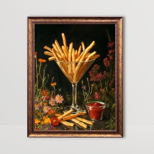 French Fries in Martini Glass | Funny Food Wall Art Fun Kitchen Print Still Life Painting Fancy Artwork Dining Room Decor (Digital Download)