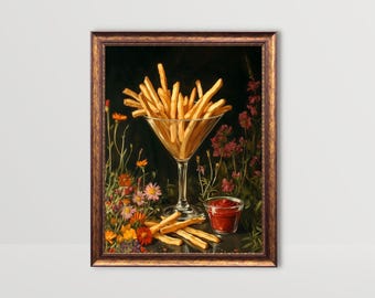 Batatas fritas em taça de martini | Arte de parede divertida com tema gastronômico, estampa para cozinha, pintura de natureza morta, obra de arte sofisticada para decoração de sala de jantar (download digital)