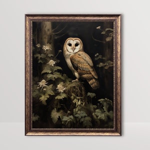 Forest Owl | Dark Cottagecore Print, Botanical Moody Wall Art, Vintage Oil Painting, Witchy Aesthetic Room Decor, Green Academia Printable