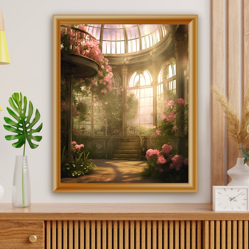 Victorian Conservatory Greenhouse Vintage Oil Painting, Renaissance Aesthetic, Coquette Room Decor, Light Academia Wall Art, Fairycore Print image 5