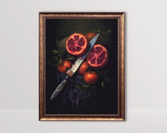 Espada Adaga e Romã | Decoração de casa gótica, pintura botânica escura, impressão cottagecore, decoração de cozinha de bruxa, arte de parede gótica para impressão