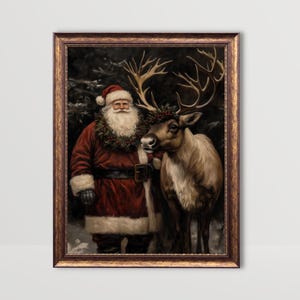 dark christmas decor,moody christmas art,dark academia decor,santa reindeer print,reindeer wall art,santa wall art,black background art,vintage christmas,vintage santa claus reindeer print,santa printable,vintage winter print,dark academia santa