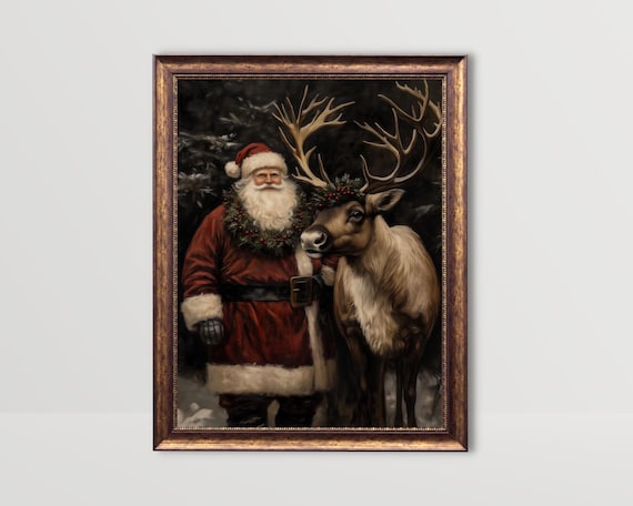 Santa Reindeer | Moody Christmas Wall Art, Vintage Santa Claus Prints, Dark Academia Holiday Decor, Deer Xmas Printable, Winter Forest Print