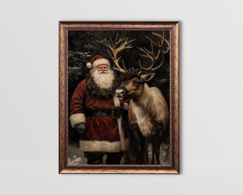 dark christmas decor,moody christmas art,dark academia decor,santa reindeer print,reindeer wall art,santa wall art,black background art,vintage christmas,vintage santa claus reindeer print,santa printable,vintage winter print,dark academia santa