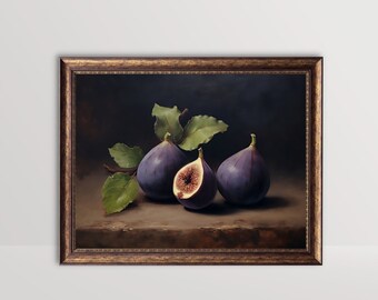 May include: A framed still life painting featuring three ripe figs with green leaves. One fig is cut open, revealing the pink interior. The figs are a deep purple color, set against a dark background, and framed in a gold-toned ornate frame.