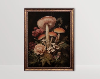 Könnte beinhalten: Ein gerahmtes Vintage-Stillleben mit Pilzen und Blumen. Die Pilze sind in verschiedenen Brauntönen und Orange gehalten, die Blumen sind rosa und weiß. Der Hintergrund ist dunkelgrün.