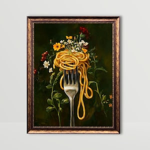 スパゲッティ・オン・フォーク | パスタ ウォールアート ムーディ 気まぐれ キッチン デコレーション 楽しい イタリアンフード ポスター ダークグリーン フラワー ペインティング イタリア ダイニングルーム プリント