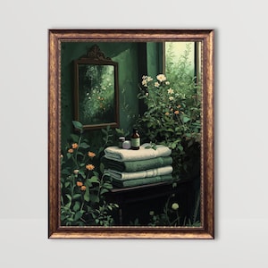 Puede incluir: Una pintura enmarcada de un baño con una ventana, un espejo y una pila de toallas. El baño está cubierto de plantas y flores. Hay dos botellas de líquido sobre las toallas.