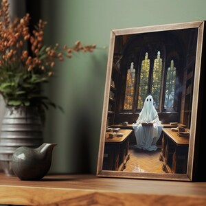 ghost in library cute ghost art, spooky wall art, adorable creepy ghost painting, whimsigoth print, victorian gothic vintage poster, gothic room decor, goth wall art, dark academia prints,halloween sheet ghost printable, bookish ghost booklover gift