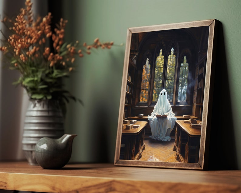 ghost in library cute ghost art, spooky wall art, adorable creepy ghost painting, whimsigoth print, victorian gothic vintage poster, gothic room decor, goth wall art, dark academia prints,halloween sheet ghost printable, bookish ghost booklover gift