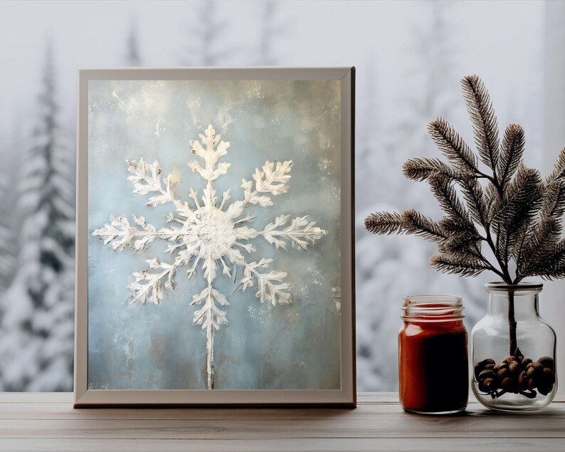 snowflake wall art, blue snowflake painting art print,rustic christmas winter printable,xmas printable,winter wall art,vintage winter oil painitng,festive home decor,snowflakes printables,rustic holiday wall decor,farmhouse christmas,xmas decorations